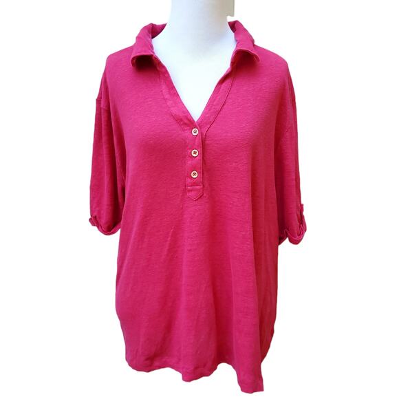 Chico's Sz 4 Pink Linen Collared Polo Shirt Top Short Sleeve Snap Closure Sz XXL - Picture 1 of 10